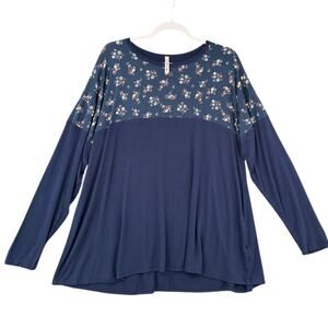 Cool‎ Melon Navy Blue Floral Yoke Crew Neck Loose Fit Womens Tunic Top 1X